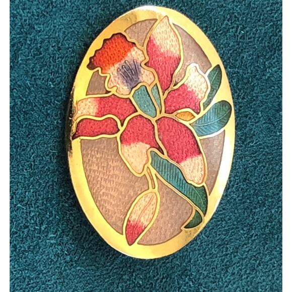 Vintage Cloisonné Enamel Pink Red Oval Floral Brooch Pin - Picture 2 of 6